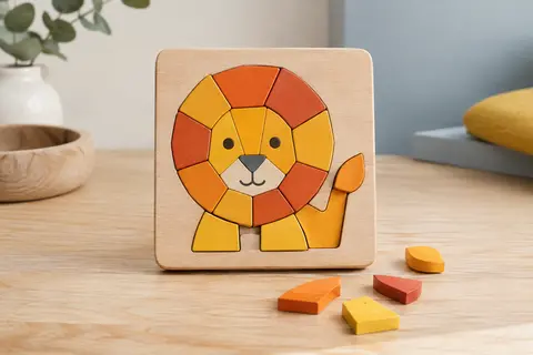 Puzzle magnétique en bois illustré d’un lion, avec quelques pièces posées sur une table claire
