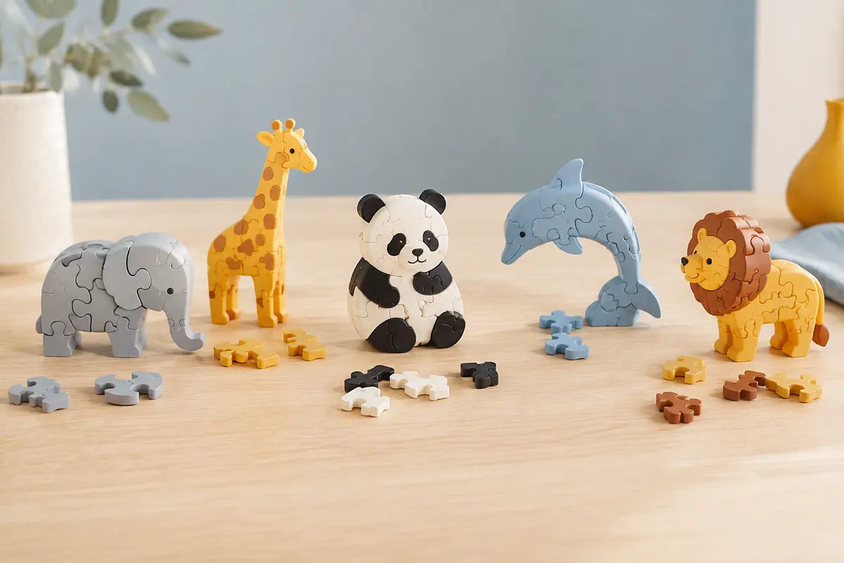 Mini puzzles 3D d’animaux assemblés et pièces à plat sur une table en bois clair