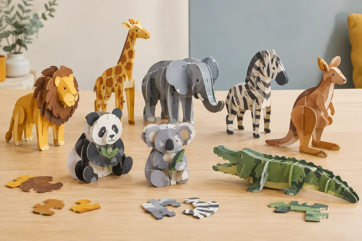 Huit puzzles 3D d’animaux de la jungle assemblés et quelques pièces en carton mousse sur une table claire.
