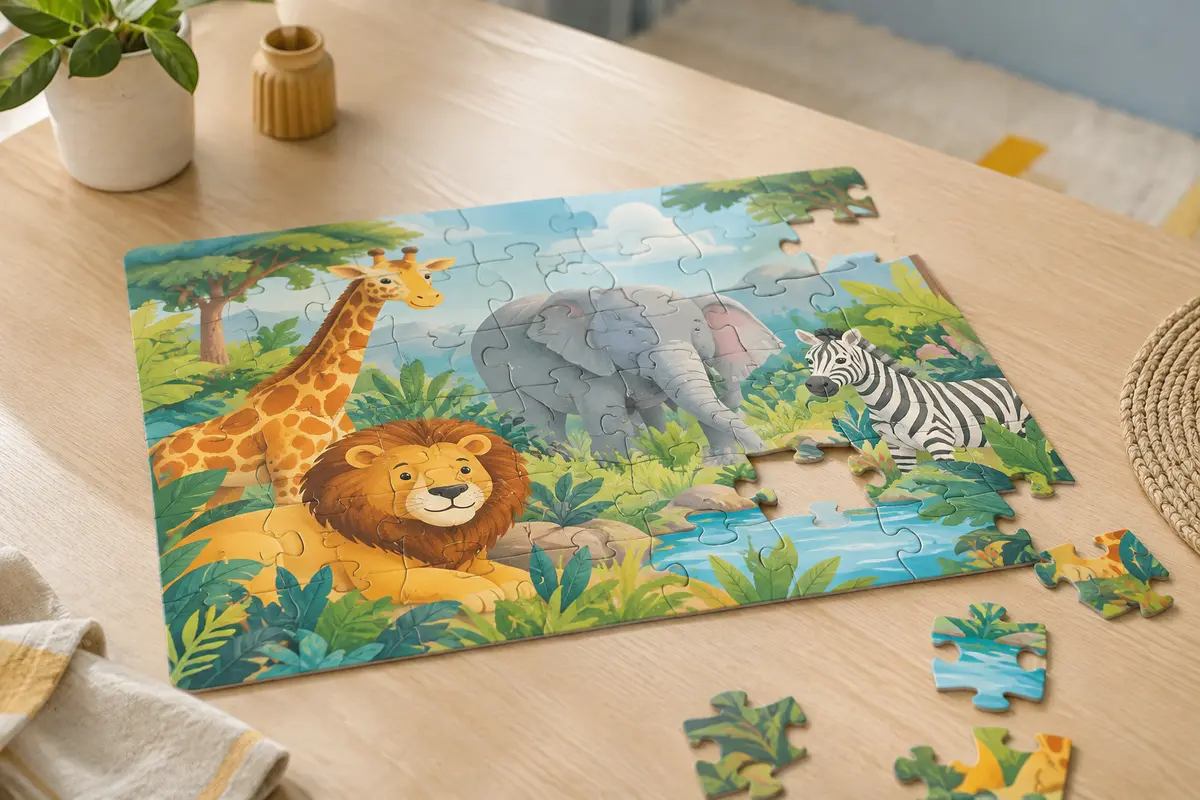 Puzzle géant de 48 pièces représentant des animaux de la jungle sur une table en bois clair