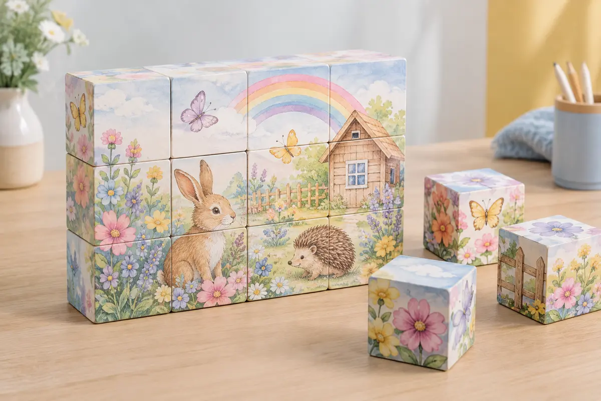 Puzzle de douze cubes en carton illustrés d’un jardin fleuri pastel avec lapin, hérisson et papillons, sur une table en bois clair.