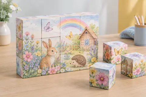 Puzzle de douze cubes en carton illustrés d’un jardin fleuri pastel avec lapin, hérisson et papillons, sur une table en bois clair.
