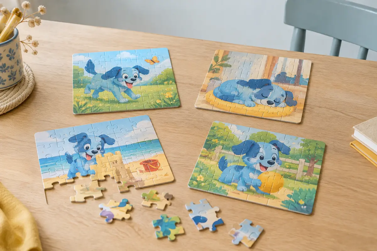 Quatre puzzles progressifs Bluey en carton, assemblés à différents niveaux sur une table en bois clair.