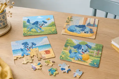 Quatre puzzles progressifs Bluey en carton, assemblés à différents niveaux sur une table en bois clair.