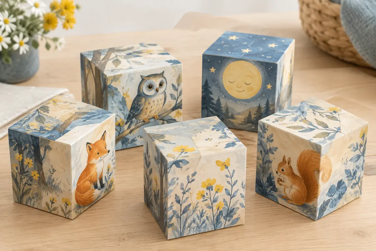 Cubes de puzzle en carton illustrés d’une forêt enchantée avec renard, hibou, écureuil et lune souriante, sur une table en bois clair.