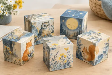 Cubes de puzzle en carton illustrés d’une forêt enchantée avec renard, hibou, écureuil et lune souriante, sur une table en bois clair.
