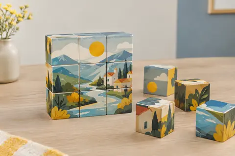 Douze cubes de puzzle en carton illustrés, assemblés et séparés sur une table en bois clair.
