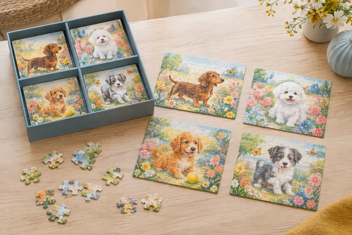 Coffret à quatre compartiments et puzzles évolutifs illustrés à l’aquarelle de petits chiens dans un parc fleuri, avec quelques pièces sur une table claire.