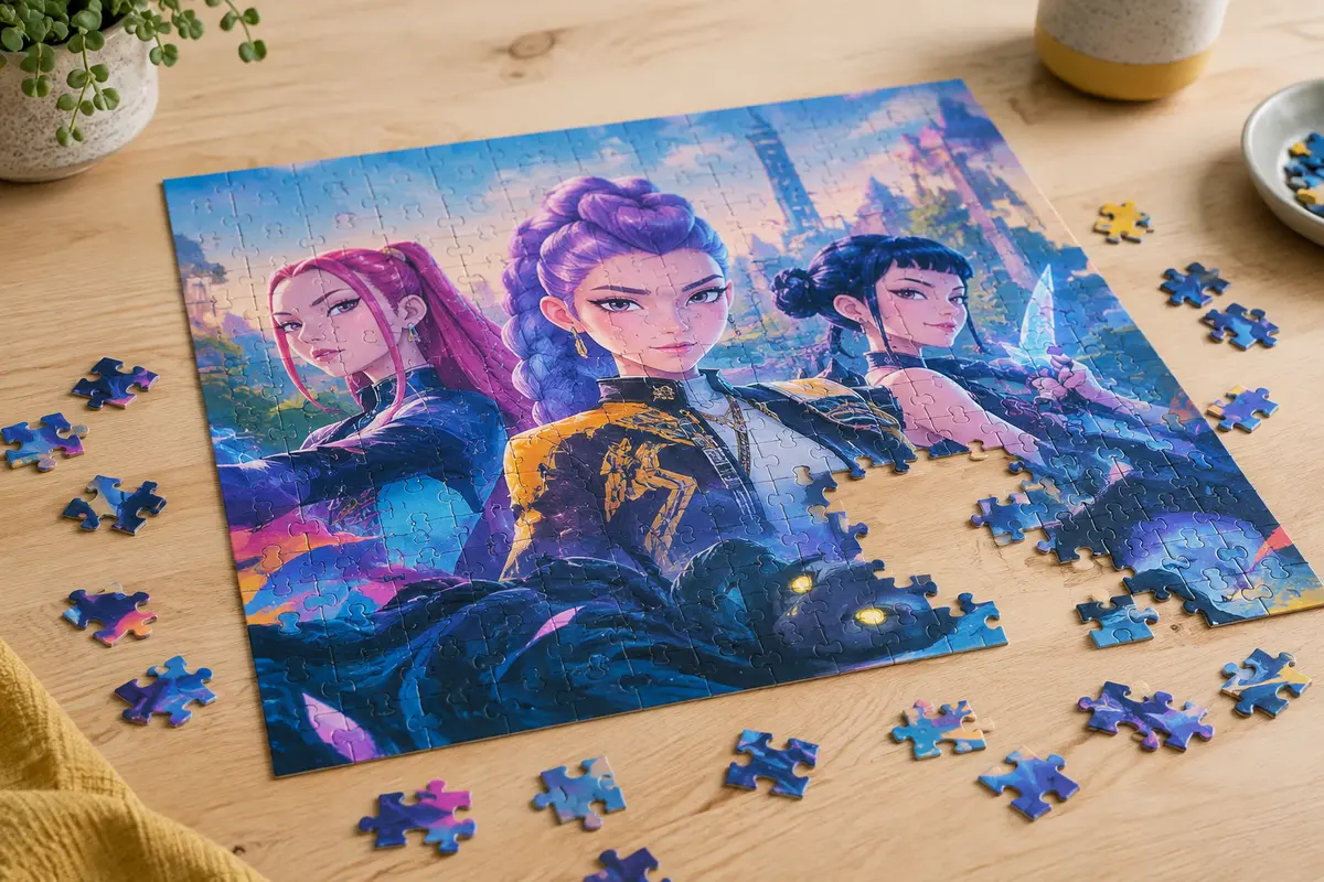 Puzzle Clementoni K-Pop Demon Hunters de 104 pièces, partiellement assemblé sur une table en bois clair