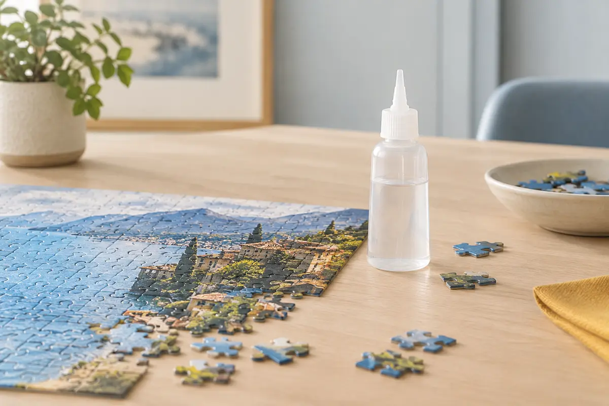 Flacon de colle-vernis à embout précis posé à côté d’un puzzle assemblé sur une table en bois clair.