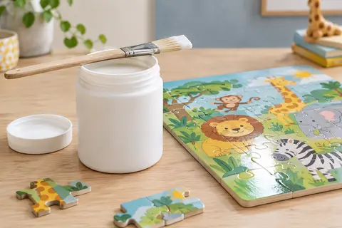 Pot ouvert de colle-vernis blanche avec un pinceau plat posé dessus, à côté d’un puzzle enfant assemblé à la surface brillante