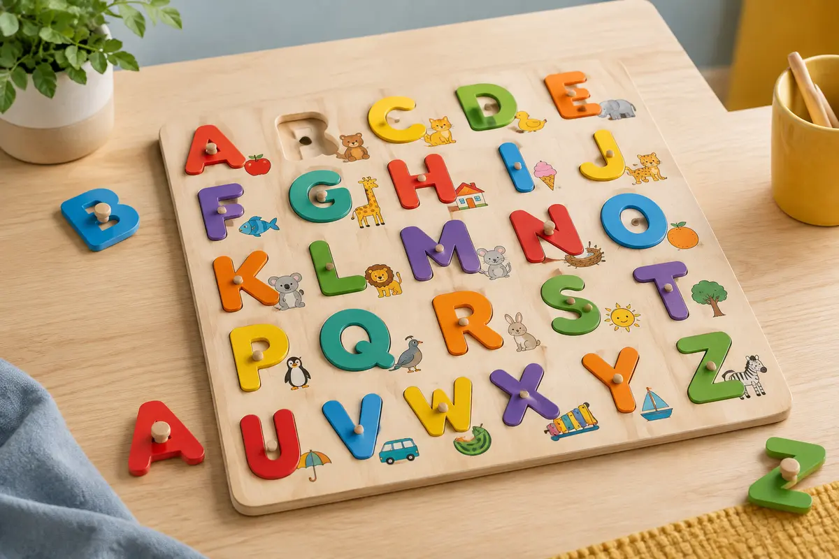 Puzzle alphabet en bois à boutons, avec ses lettres peintes et son plateau carré posé sur une table claire.