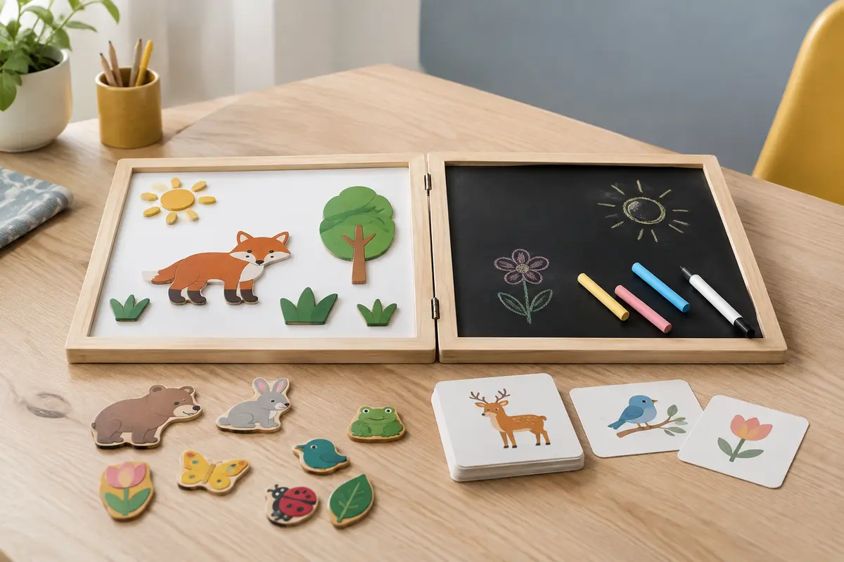 Puzzle magnétique en bois à deux faces, cartes illustrées, craies colorées et stylo sur une table claire.