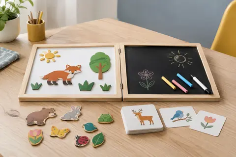 Puzzle magnétique en bois à deux faces, cartes illustrées, craies colorées et stylo sur une table claire.