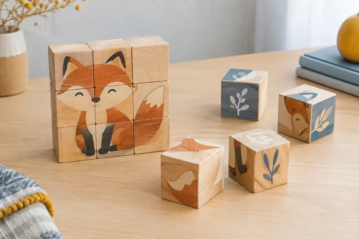 Cubes de puzzle en bois assemblés en image d’animal et disposés sur une table claire