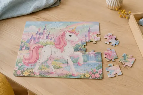 Puzzle magnétique de licorne presque assemblé, avec plusieurs pièces roses disposées sur une table en bois clair.