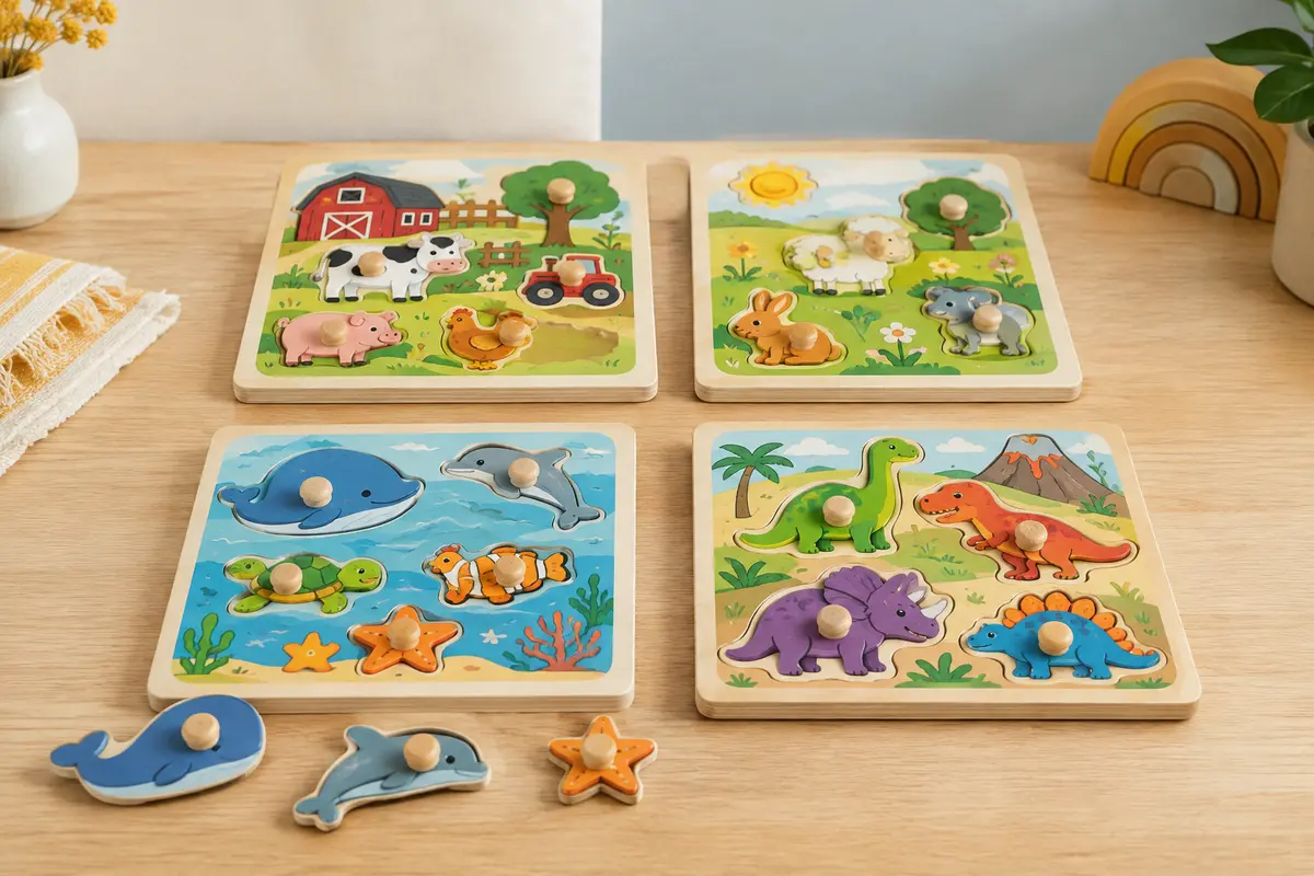 Quatre puzzles en bois à boutons, illustrés de scènes d’animaux, posés sur une table claire.