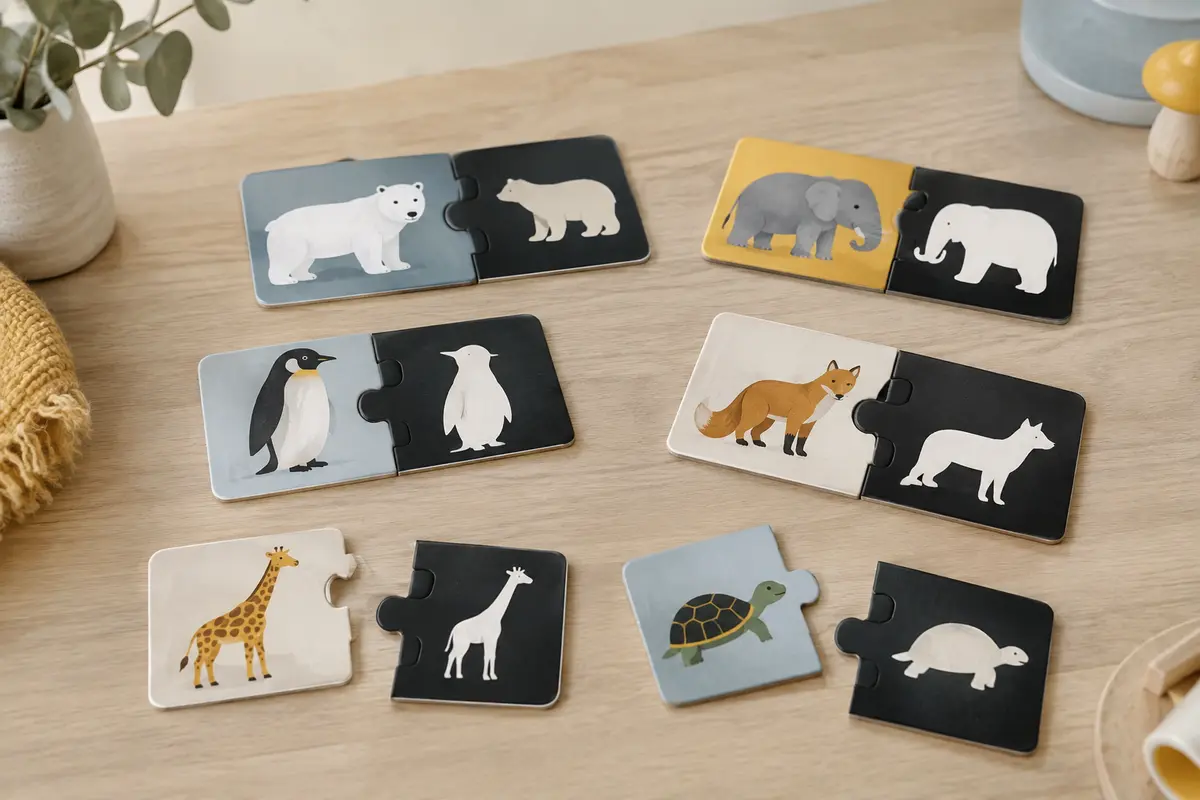 Puzzles duo illustrés d’animaux, assemblés et séparés sur une table en bois clair.