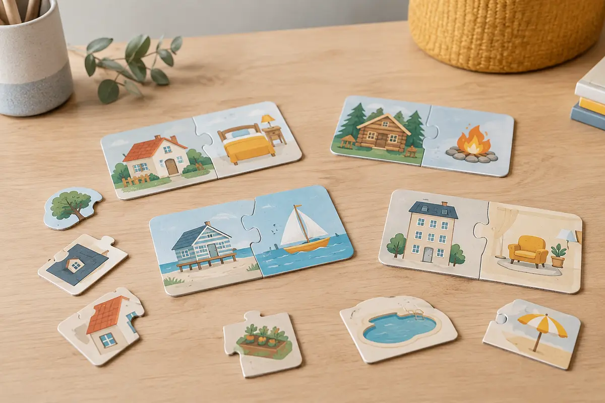 Puzzle duo Djeco en carton, avec des pièces colorées à associer autour du thème des habitats