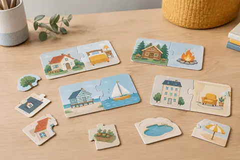 Puzzle duo Djeco en carton, avec des pièces colorées à associer autour du thème des habitats