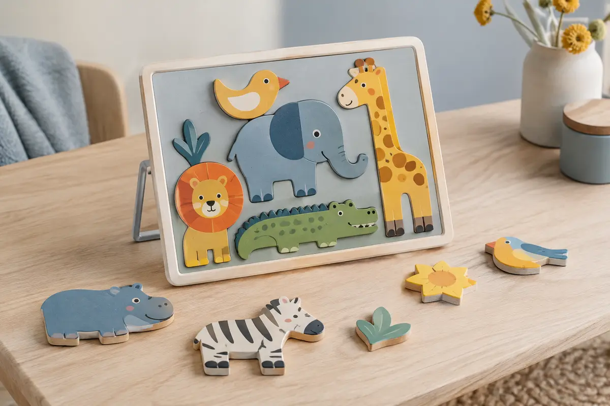 Pièces en bois colorées du puzzle magnétique Djeco Crazy Animaux disposées sur une table claire.