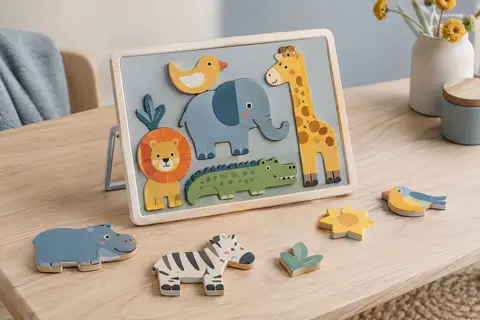 Pièces en bois colorées du puzzle magnétique Djeco Crazy Animaux disposées sur une table claire.