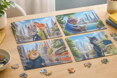 Quatre puzzles en carton sur le thème de Zootropolis 2, assemblés et posés sur une table en bois clair.