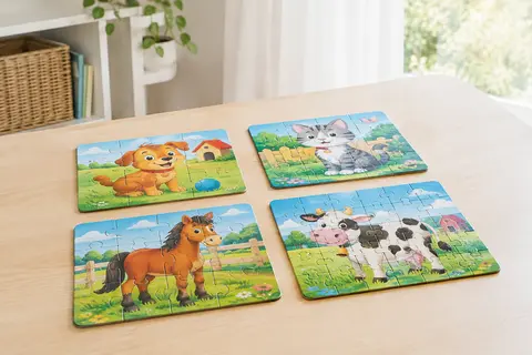 Quatre puzzles illustrés d’un univers hivernal, assemblés et en pièces sur une table en bois clair.