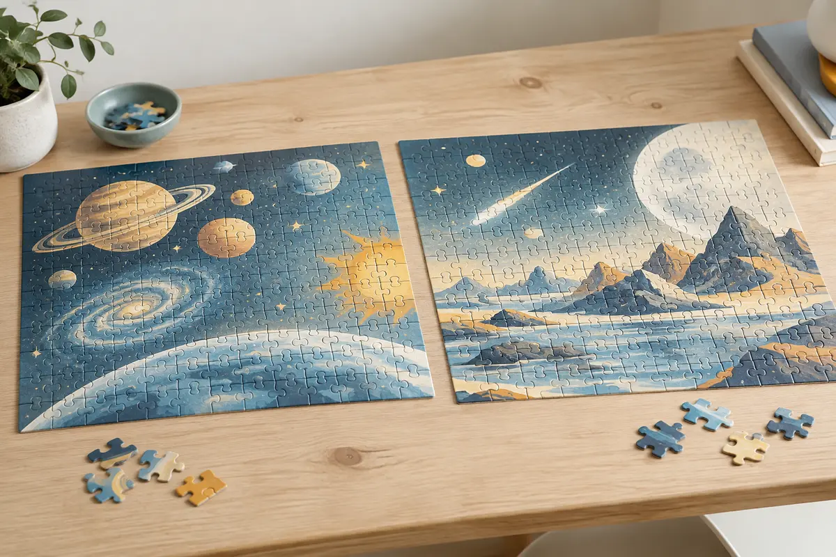 Deux puzzles Disney sur le thème de Stitch assemblés sur une table en bois clair, avec quelques pièces à côté.