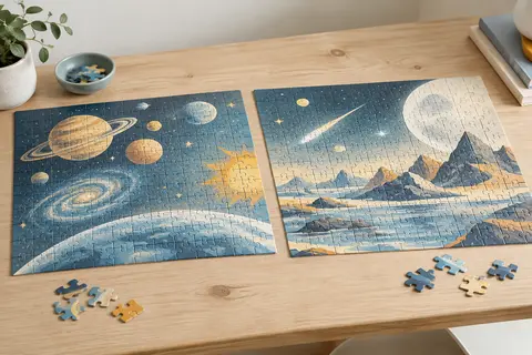 Deux puzzles Disney sur le thème de Stitch assemblés sur une table en bois clair, avec quelques pièces à côté.