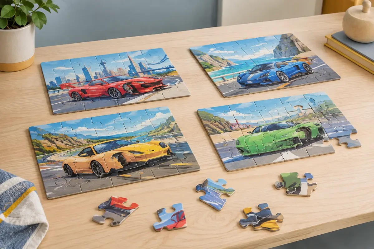 Quatre puzzles progressifs Cars 2 et leurs grandes pièces en carton disposés sur une table en bois clair.