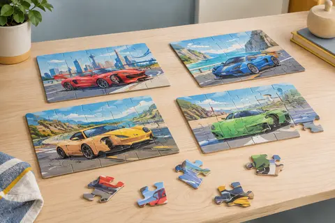 Quatre puzzles progressifs Cars 2 et leurs grandes pièces en carton disposés sur une table en bois clair.