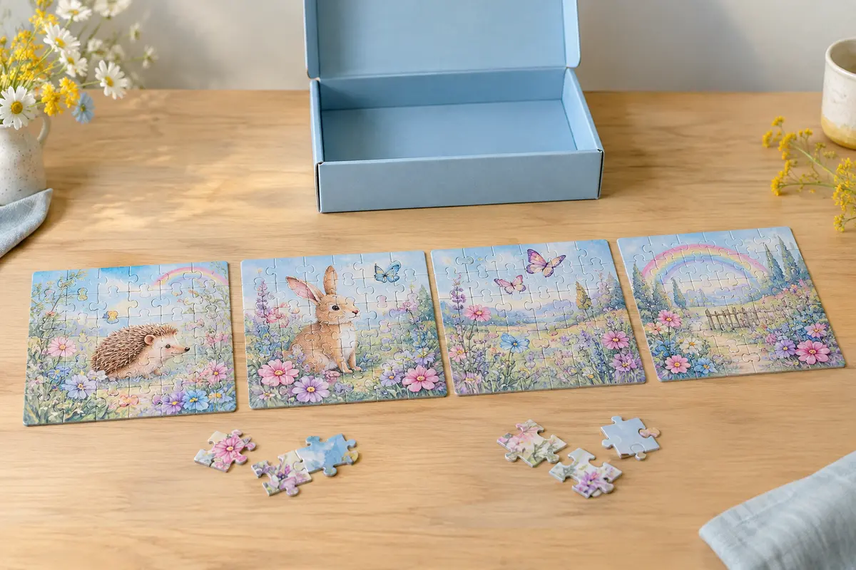 Coffret bleu ciel ouvert et quatre puzzles carrés illustrés d’un hérisson, d’un lapin, de papillons et d’un arc-en-ciel, sur une table en bois clair.