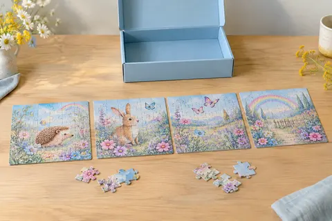 Coffret bleu ciel ouvert et quatre puzzles carrés illustrés d’un hérisson, d’un lapin, de papillons et d’un arc-en-ciel, sur une table en bois clair.