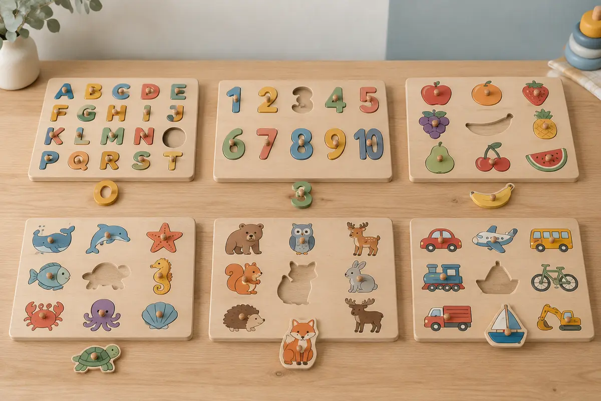 Six puzzles en bois à boutons, alphabet, chiffres, fruits, mer, forêt et transports, chacun avec une pièce posée devant sa case vide