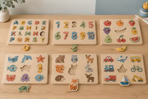 Six puzzles en bois à boutons, alphabet, chiffres, fruits, mer, forêt et transports, chacun avec une pièce posée devant sa case vide