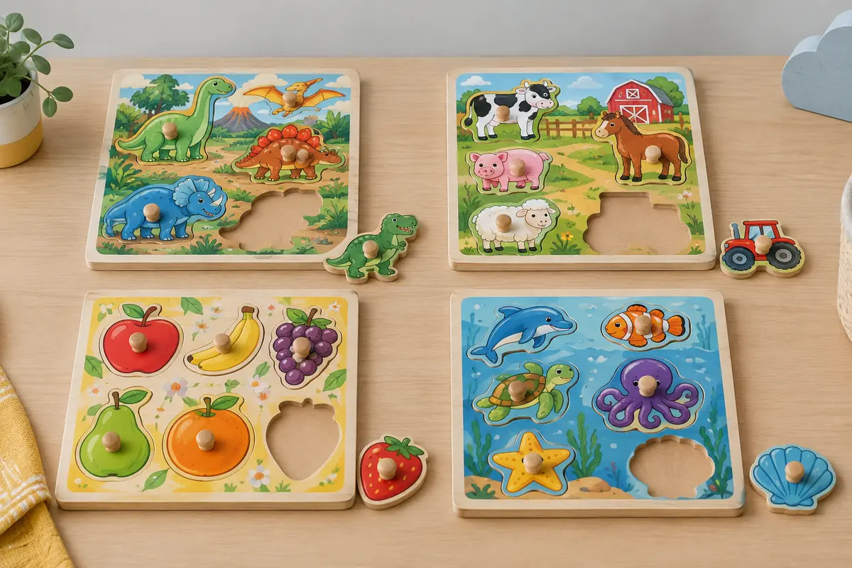 Quatre puzzles carrés en bois à poignées, dinosaures, ferme, fruits et vie marine, chacun avec une case vide et sa pièce posée à côté
