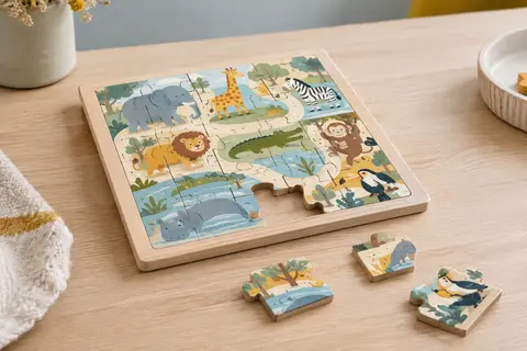 Puzzle à encastrement Goki en bois avec 27 pièces illustrées autour d’un circuit d’animaux.