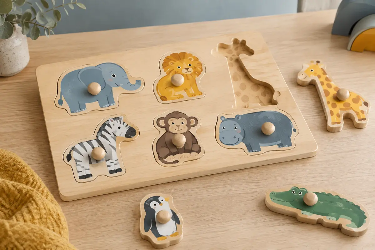 Puzzle en bois à encastrement avec huit pièces illustrées de bébés animaux et boutons de préhension