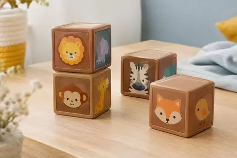 Quatre cubes de puzzle en plastique aux motifs de bébés animaux, disposés sur une table en bois clair.