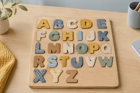 Puzzle alphabet Goki en bois avec ses 26 pièces disposées sur une table claire