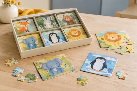 Six puzzles d’animaux en carton, avec leurs pièces colorées disposées sur une table en bois clair.