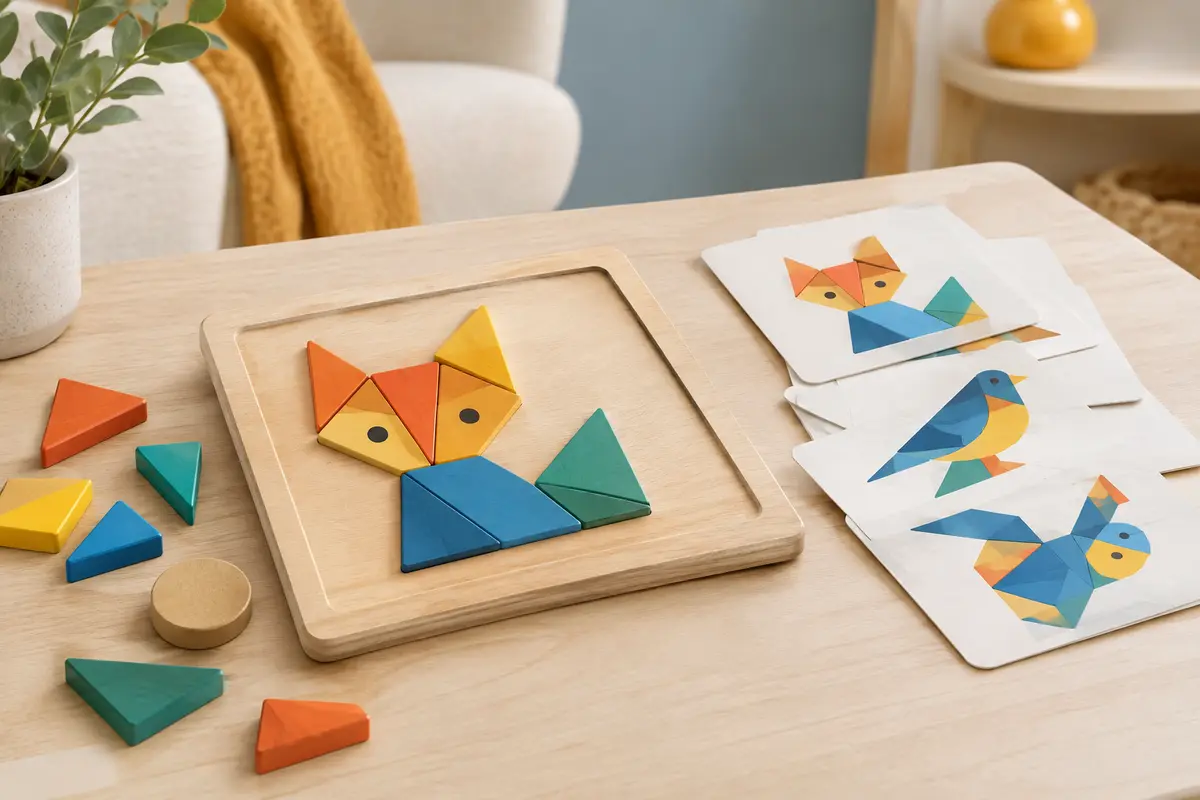 Puzzle magnétique en bois avec pièces colorées et planches illustrées d’animaux sur une table claire.