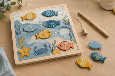 Puzzle magnétique en bois avec dix poissons colorés et une canne à pêche, posé sur une table claire.