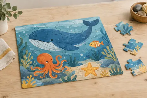 Puzzle enfant Goula de 18 pièces assemblé, illustré d’animaux marins sur une table en bois clair