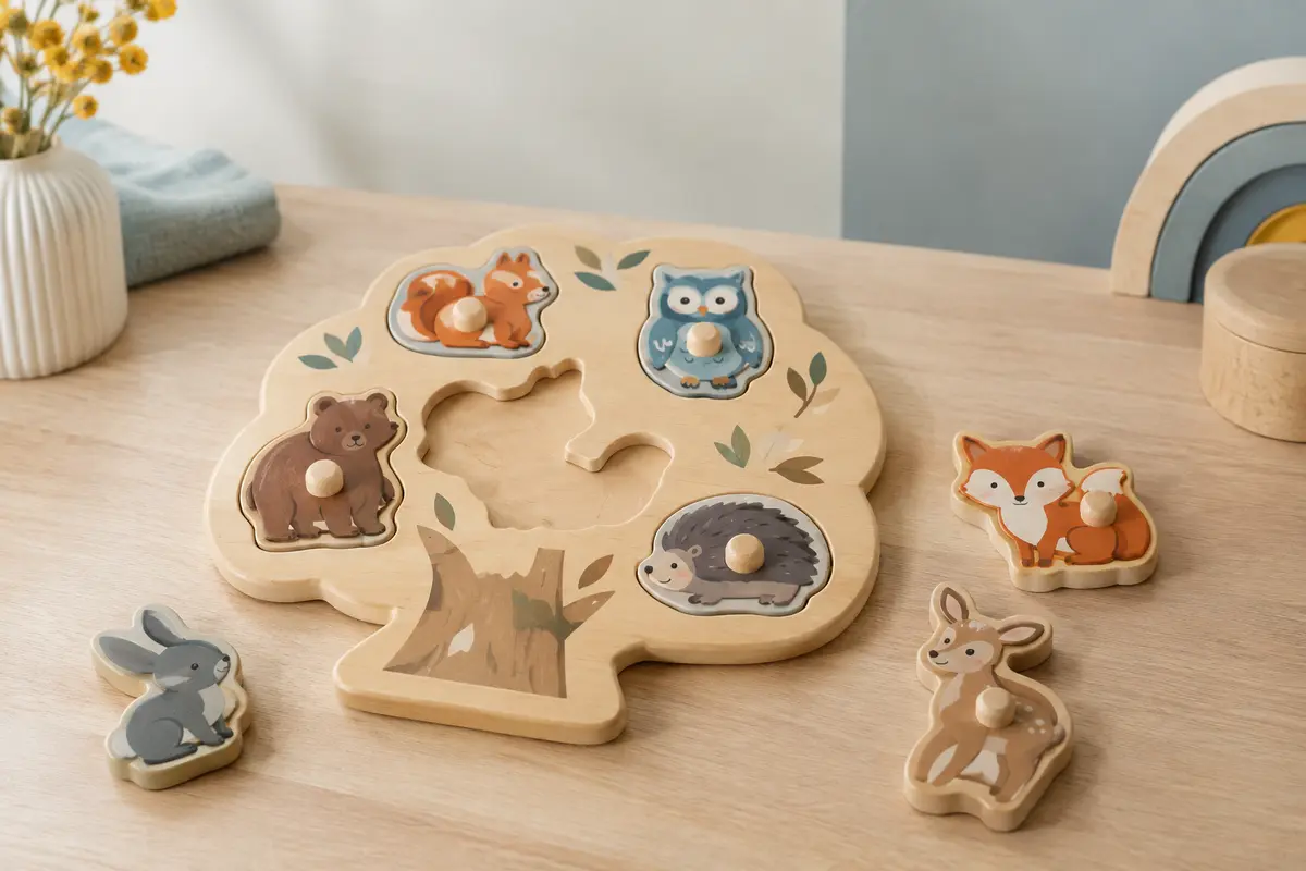 Puzzle en bois Janod à six pièces à tenons, disposées sur son plateau en forme d’arbre.