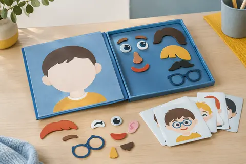 Livre magnétique bleu ouvert avec des pièces de visages et des cartes modèles sur une table en bois clair