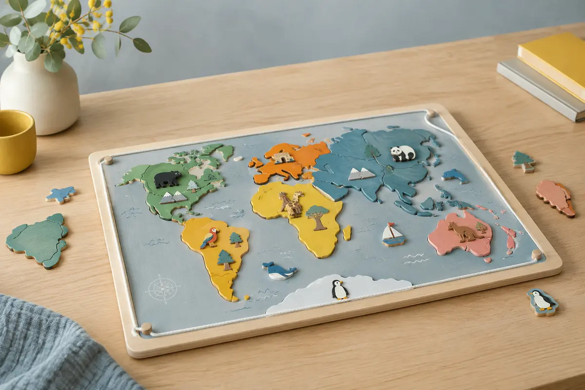 Puzzle magnétique de carte du monde avec ses pièces en bois disposées sur une table claire