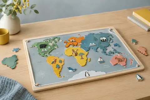 Puzzle magnétique de carte du monde avec ses pièces en bois disposées sur une table claire