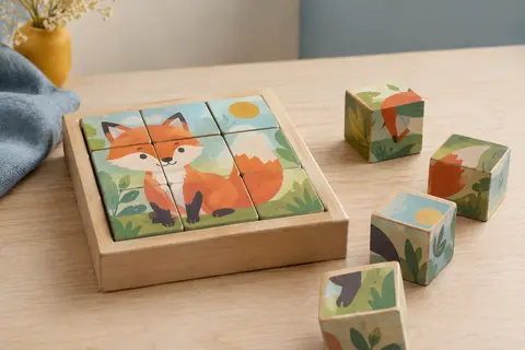 Puzzle en bois composé de cubes illustrés d’animaux, avec quelques pièces disposées autour du plateau.